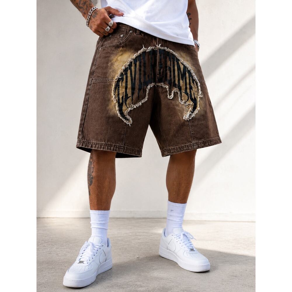 Civil Regime NWT RARE Brown Denim Shorts Logo Spellout Size 32 Bleach Distressed